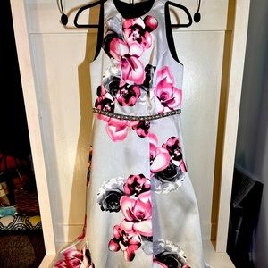 Beautiful silver, white, black, pink floral dress. Perfect for wedding or prom!